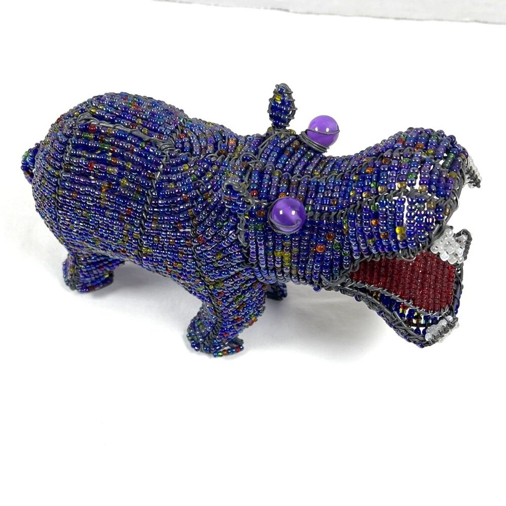 Handmade Hippopotamus Blue Red Glass Bead House Hippo South Africa Artisan VTG - Picture 12 of 12